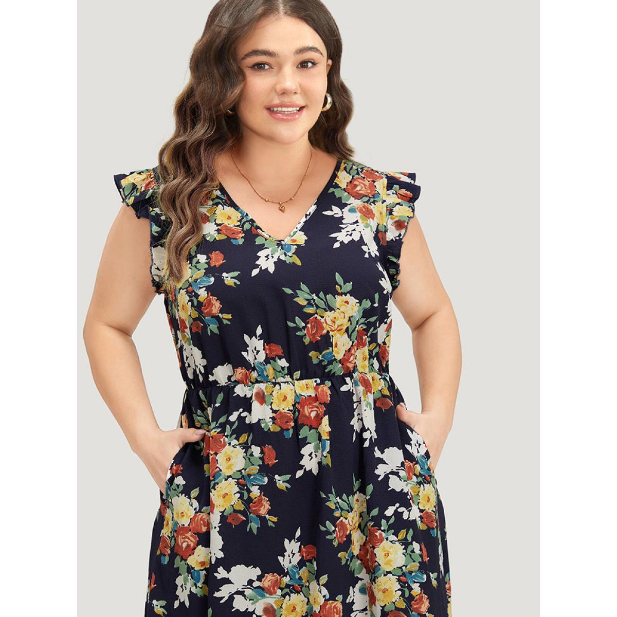 Plus Size Pixel Flower Print Ruffle Cap Sleeve Pocket Dress DarkBlue Women Elegant Elastic Waist V-neck Cap Sleeve Curvy Knee Dress BloomChic 10/M Product Image