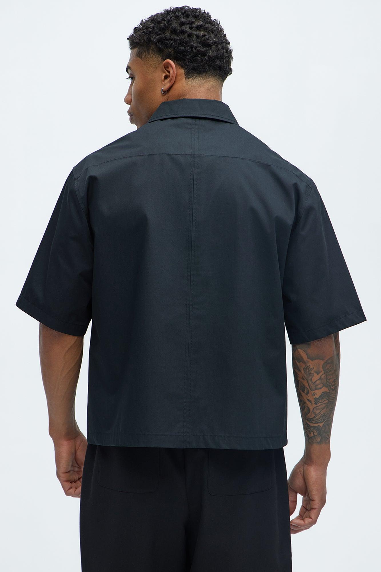 Contrast Panel Cropped Button Up Shirt - Black Product Image