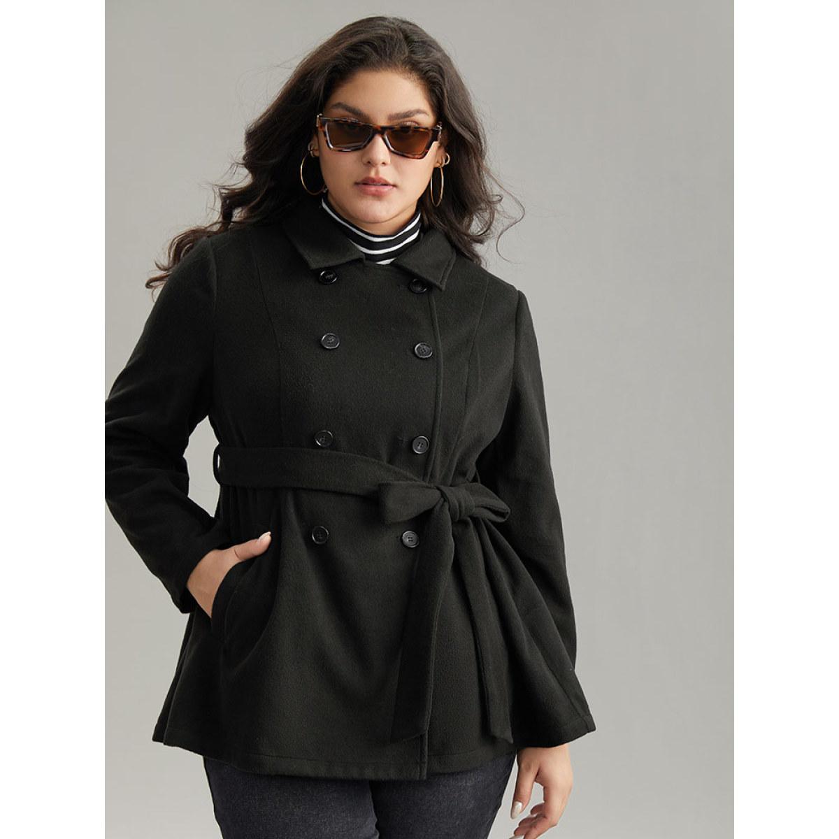 Plus Size Plain Belted Double Breasted Pocket Coat Women Black Casual Plain Ladies Dailywear Winter Coats BloomChic 26/4X Product Image