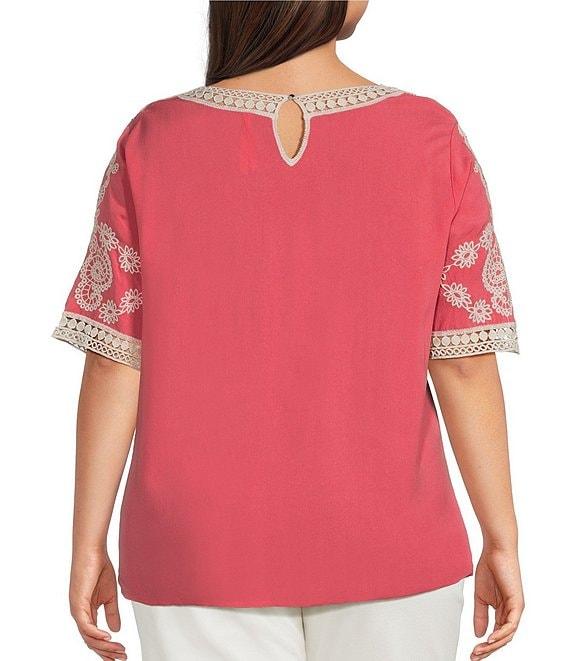 Leo & Nicole Plus Size Embroidered Crochet Boat Neck Trim Elbow Length Sleeve Top Product Image