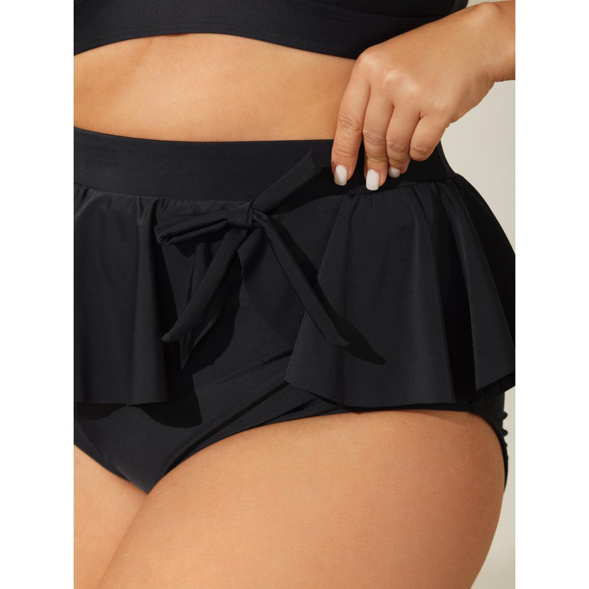 Plus Size Ruffled Hem Knotted Swim Bottoms Women's Swimwear Black Beach Tie knot High stretch Skinny High Rise Curve Swim Bottoms BloomChic 10/M Product Image