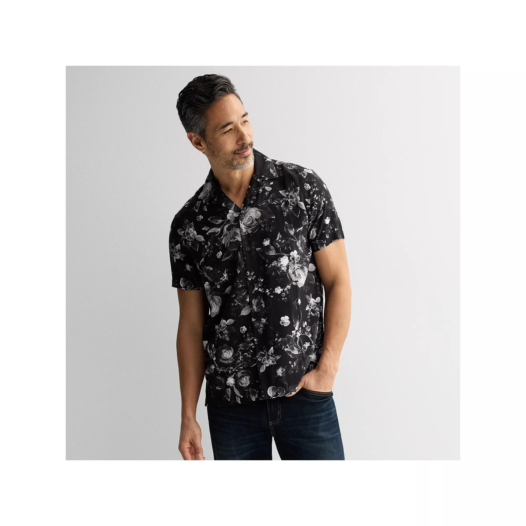 Men's Apt. 9 Short Sleeve Rayon Camp Collar Shirt, Size: Medium, Black Subtle Floral Product Image