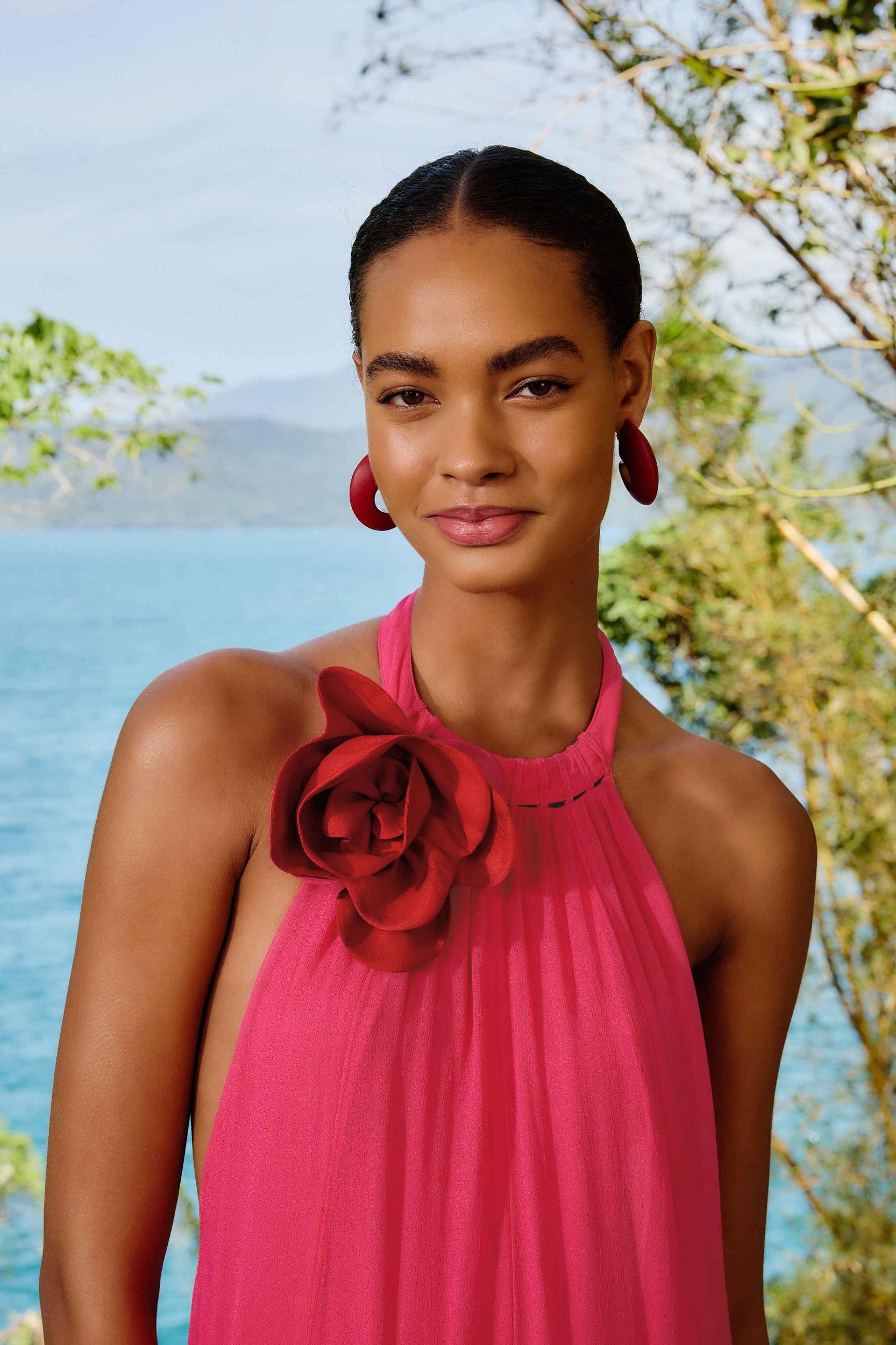 Pink Flower Halter Neck Maxi Dress Product Image