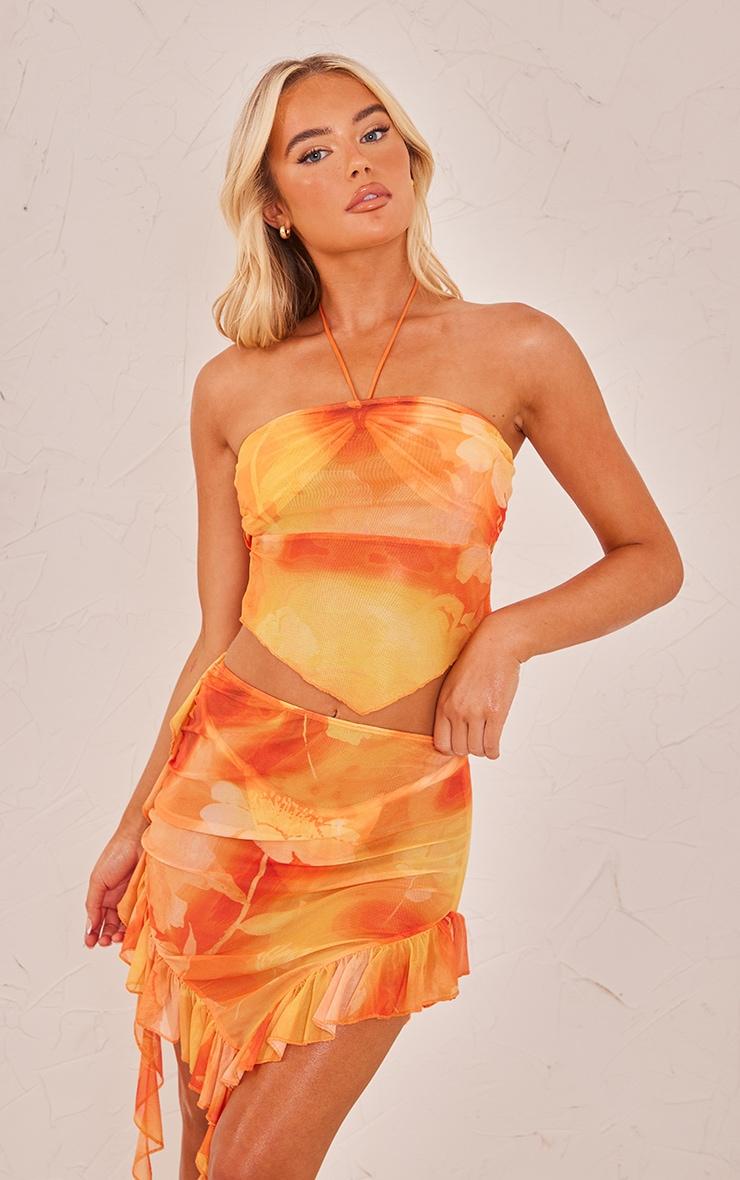 Orange Ombre Flower Print Frill Mesh Beach Skirt Product Image