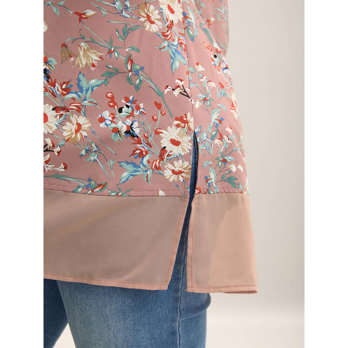 Plus Size DustyPink Garden Print Spliced V-Neck Blouse Women Romantic Short sleeve V-neck Elegant Blouses BloomChic 10/M Product Image