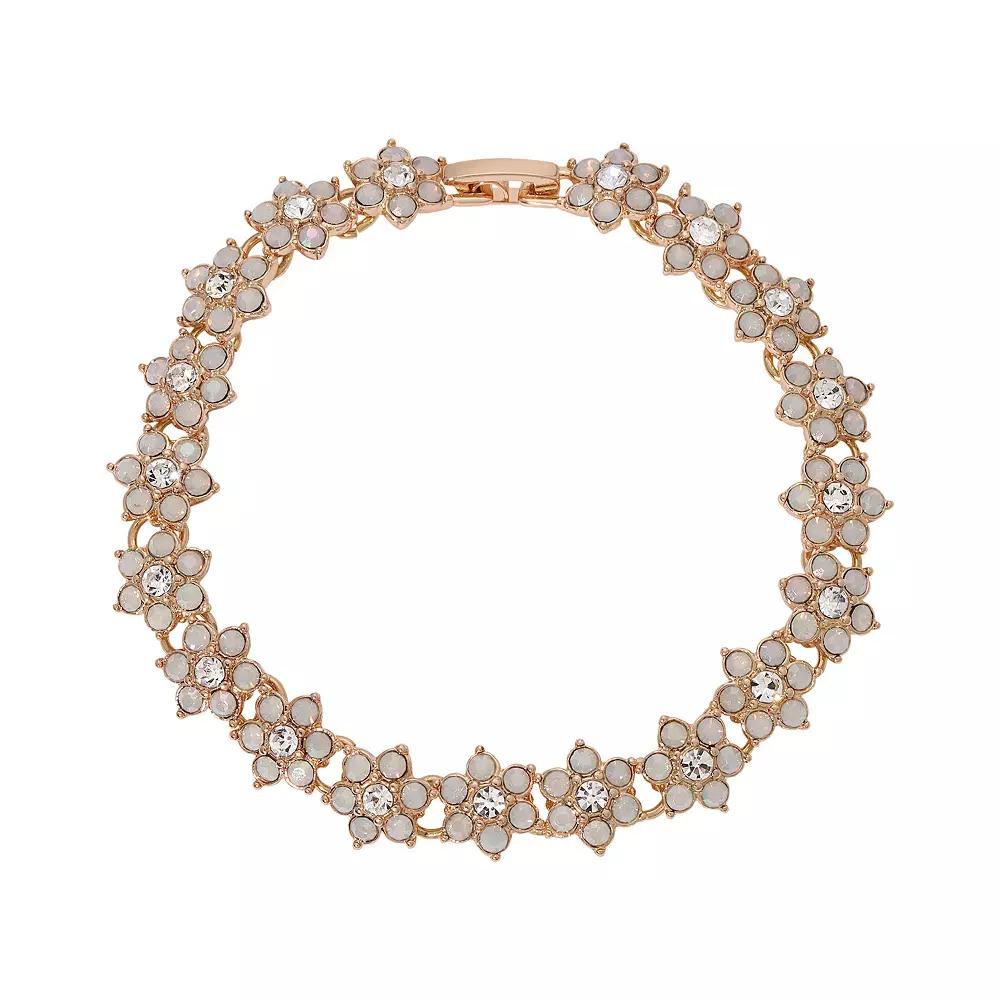 1928 Gold Tone Simulated White Opal Crystal Flower Bracelet, Women's Product Image