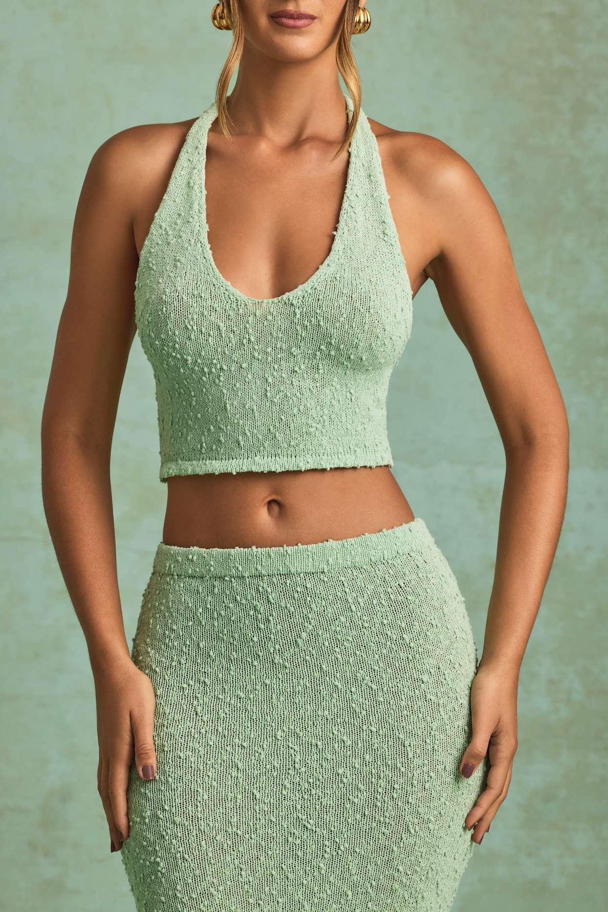 Bouclé Halterneck Crop Top in Mint Product Image