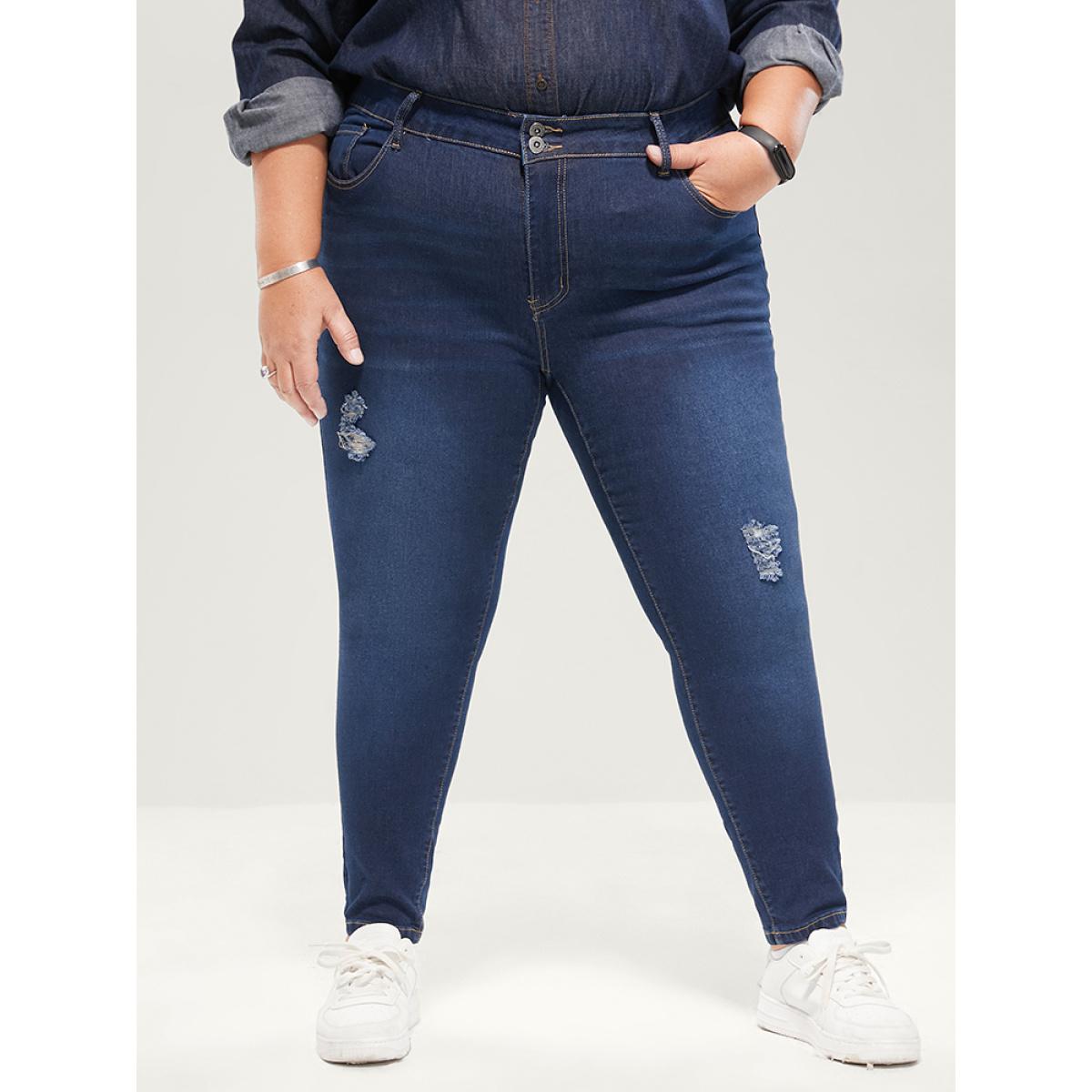 Plus Size Skinny Extremely Stretchy High Rise Dark Wash Distressed Jeans Women Blue Casual Plain Distressed High stretch Pocket Jeans BloomChic 24/3X Product Image