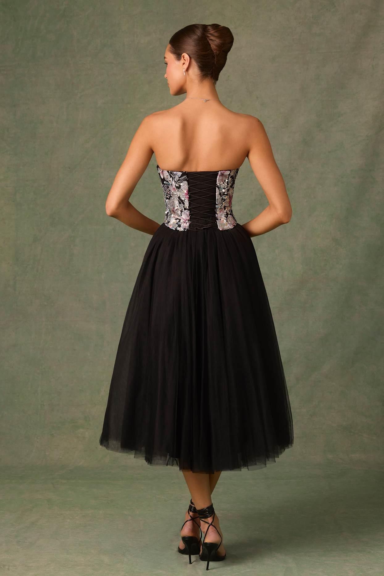 Embellished Lace-Up Cupless Corset in Floral Black Product Image