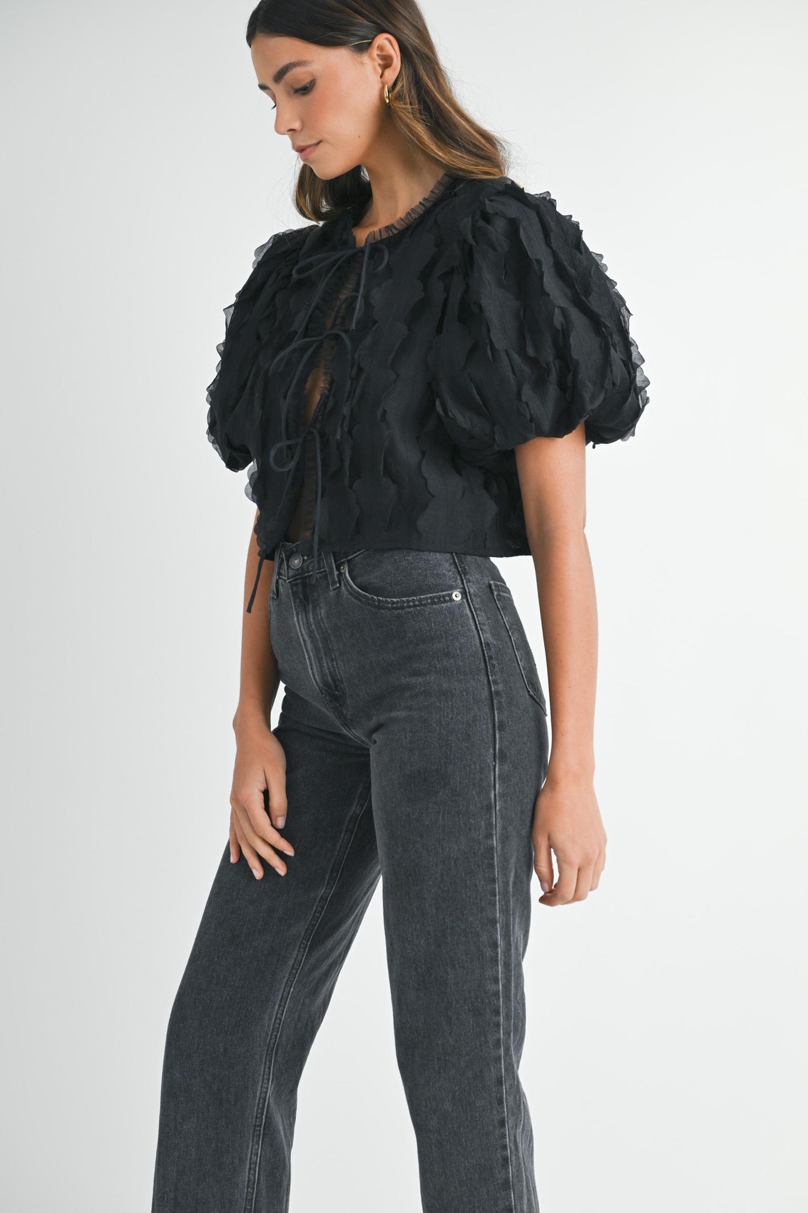 Textured Scallop Puff Sleeve Blouse Top Product Image