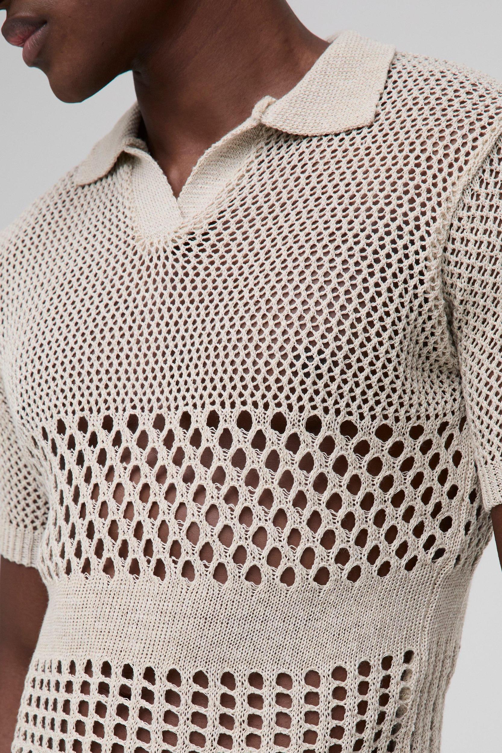 Muscle Fit Stitch Interest Button Neck Knitted Polo | boohooMAN USA Product Image