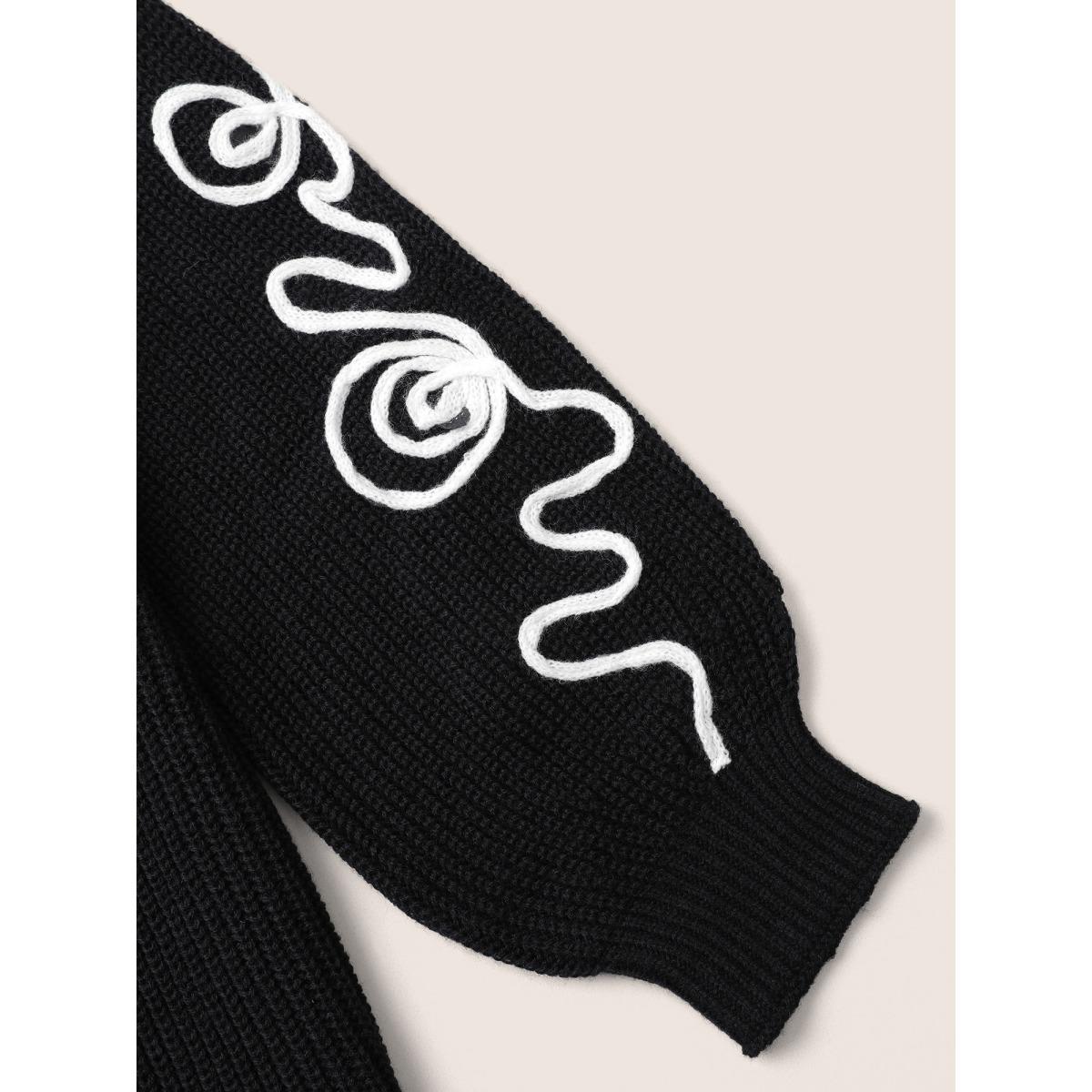 Plus Size Contrast Embroidered Crew Neck Pointelle Pullover Black Women Casual Long Sleeve Round Neck Everyday Pullovers BloomChic 30/6X Product Image