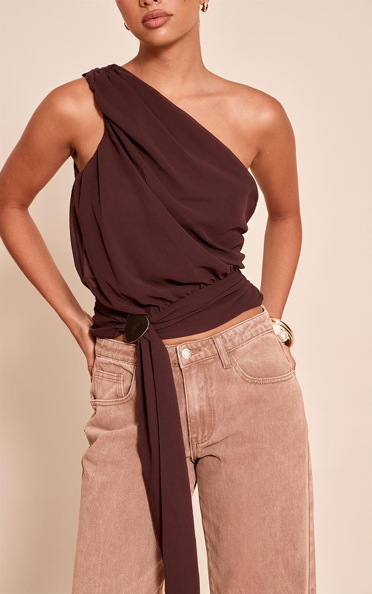 Chocolate Plum Chiffon One Shoulder Ruched Trim Drape Top Product Image
