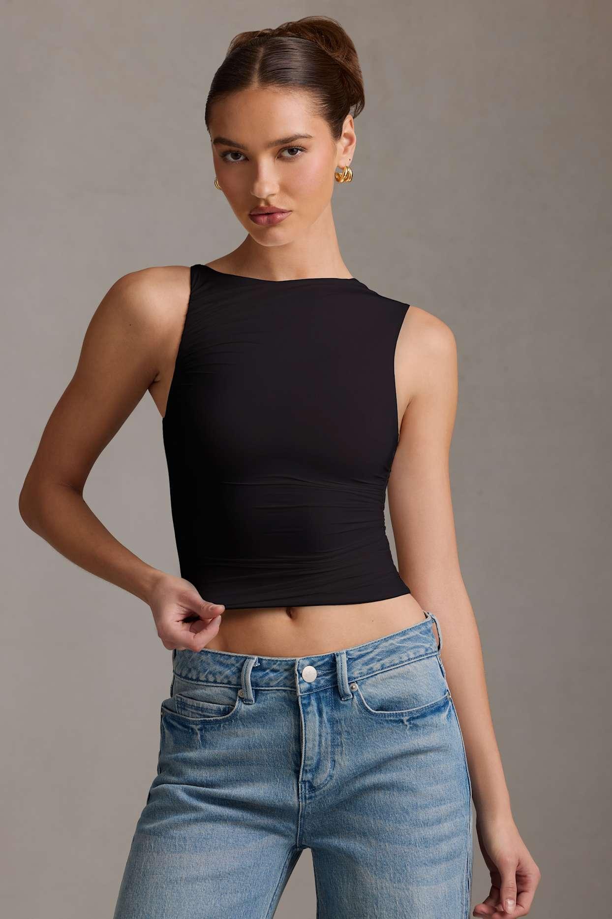 Asymmetric Ruched Tank Top in Black Product Image