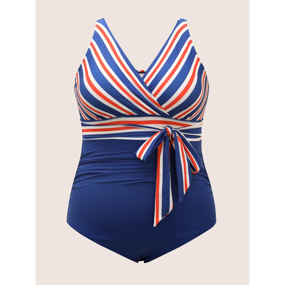 Plus Size Overlap Collar Contrast Striped Tie knot One Piece Swimsuit Women's Swimwear Navy Beach Tie knot Curve Bathing Suits High stretch One Pieces BloomChic 10/M Product Image