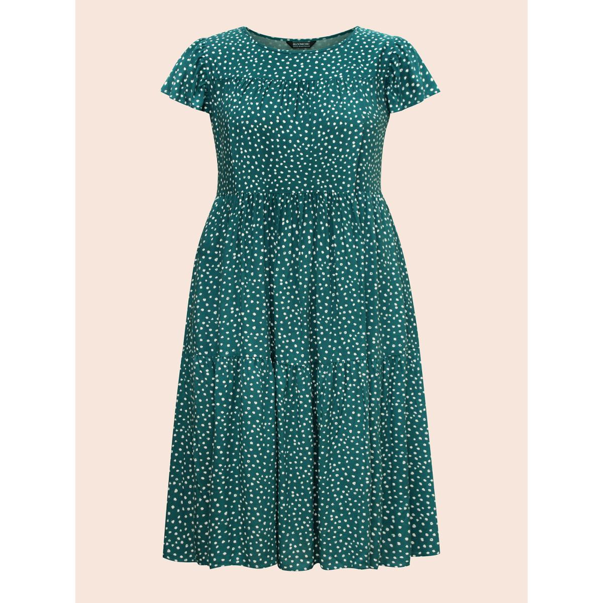 Plus Size Polka Dot Pocket Cap Sleeve Gathered Layered Dress Cyan Women Casual Gathered Round Neck Cap Sleeve Curvy Midi Dress BloomChic 14-16/1X Product Image