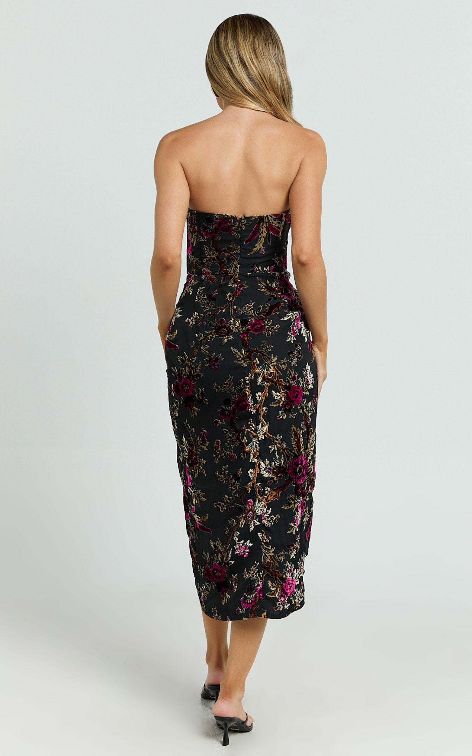 Jessell Midi Dress - High Split Strapless Dress in Black Floral Product Image