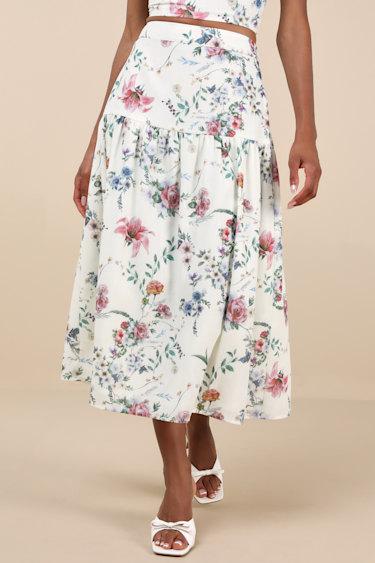 Beautifully Chic White Floral Drop Waist Midi Skirt Product Image