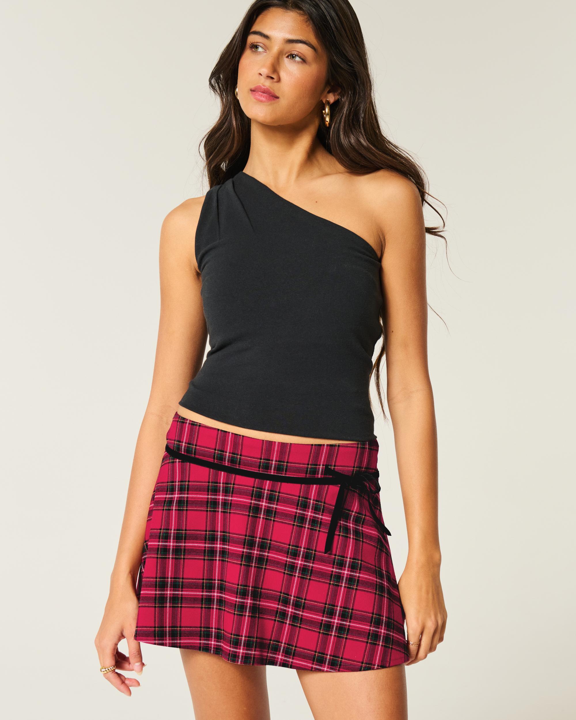 Mid-Rise Plaid Circle-Cut Mini Skort Product Image