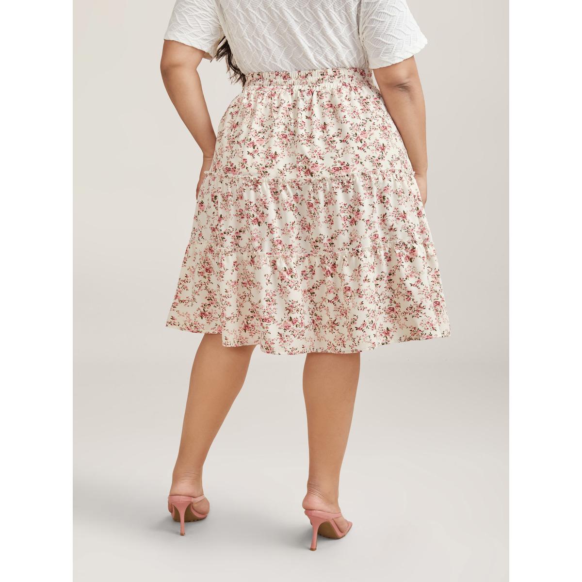 Plus Size Ditsy Floral Print Waist-Tie Midi Skirt Women Beige Elegant Gathered Low stretch Slanted pocket Everyday Skirts BloomChic 22-24/3X Product Image