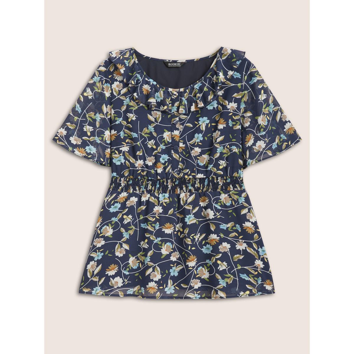 Plus Size Midnight Round Neck Floral Ruffles Shirred Blouse Women Elegant Short sleeve Round Neck Everyday Blouses BloomChic 30/6X Product Image