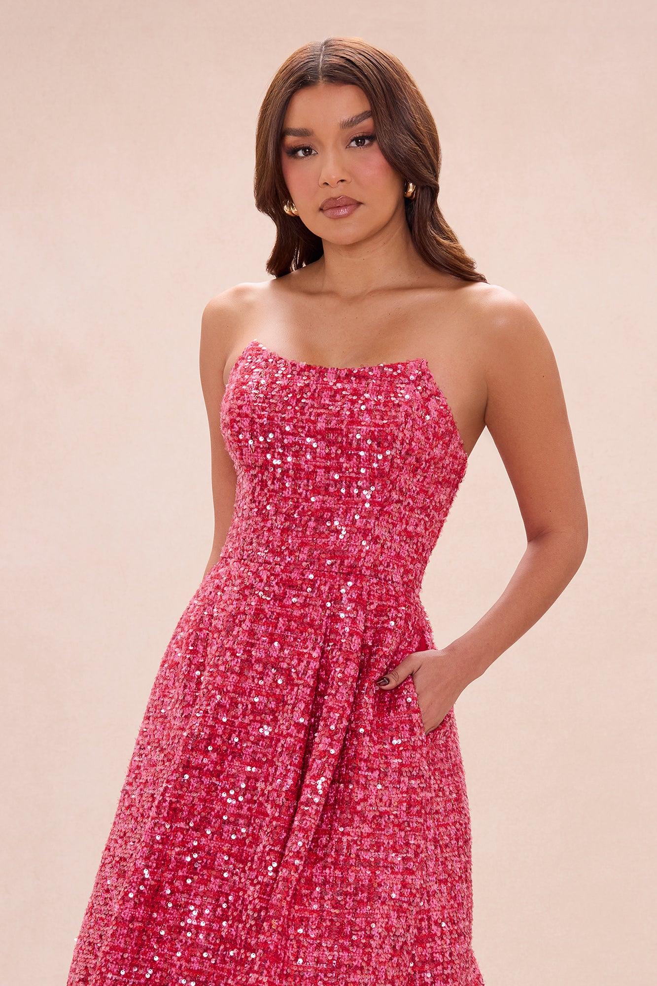 Margot Embellished Tweed Midi Dress - Hot Pink Female Product Image