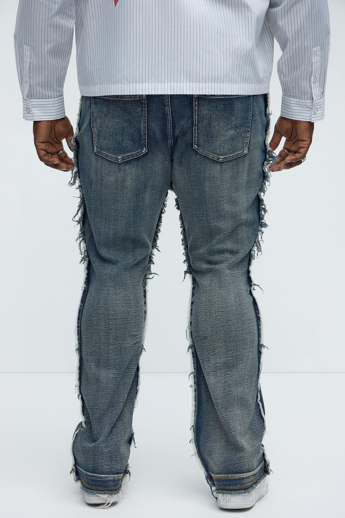 Diagonal Frayed Stacked Skinny Flare Jeans - Dark Wash Product Image