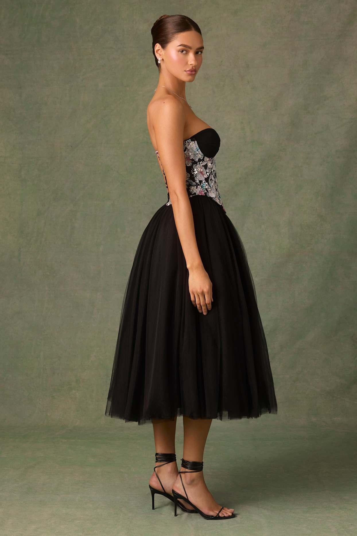 Embellished Lace-Up Cupless Corset in Floral Black Product Image