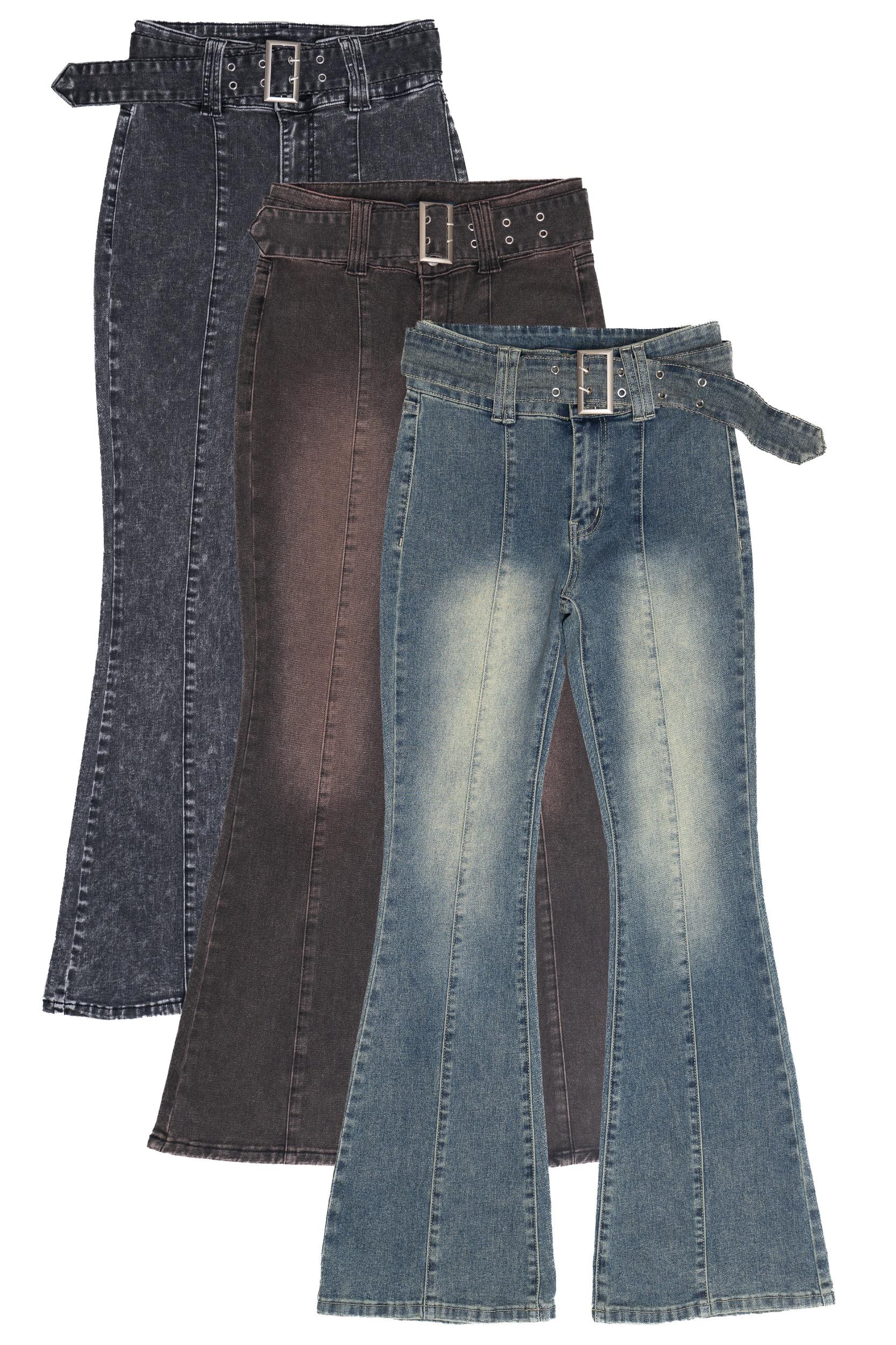 Belted Flare Grunge Wash Jeans Product Image
