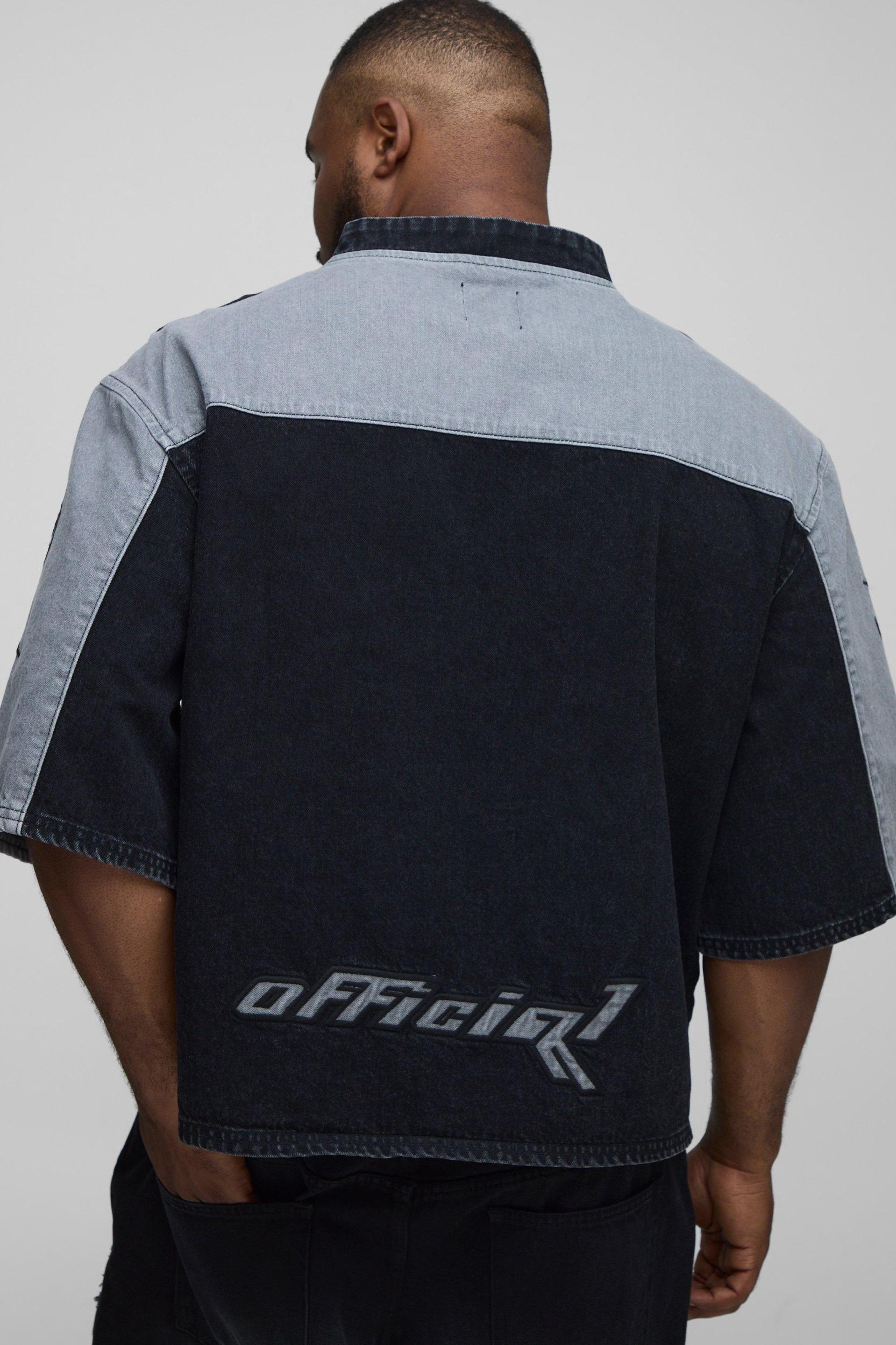 Plus Oversized Embroidery Football Denim T-Shirt | boohooMAN USA Product Image