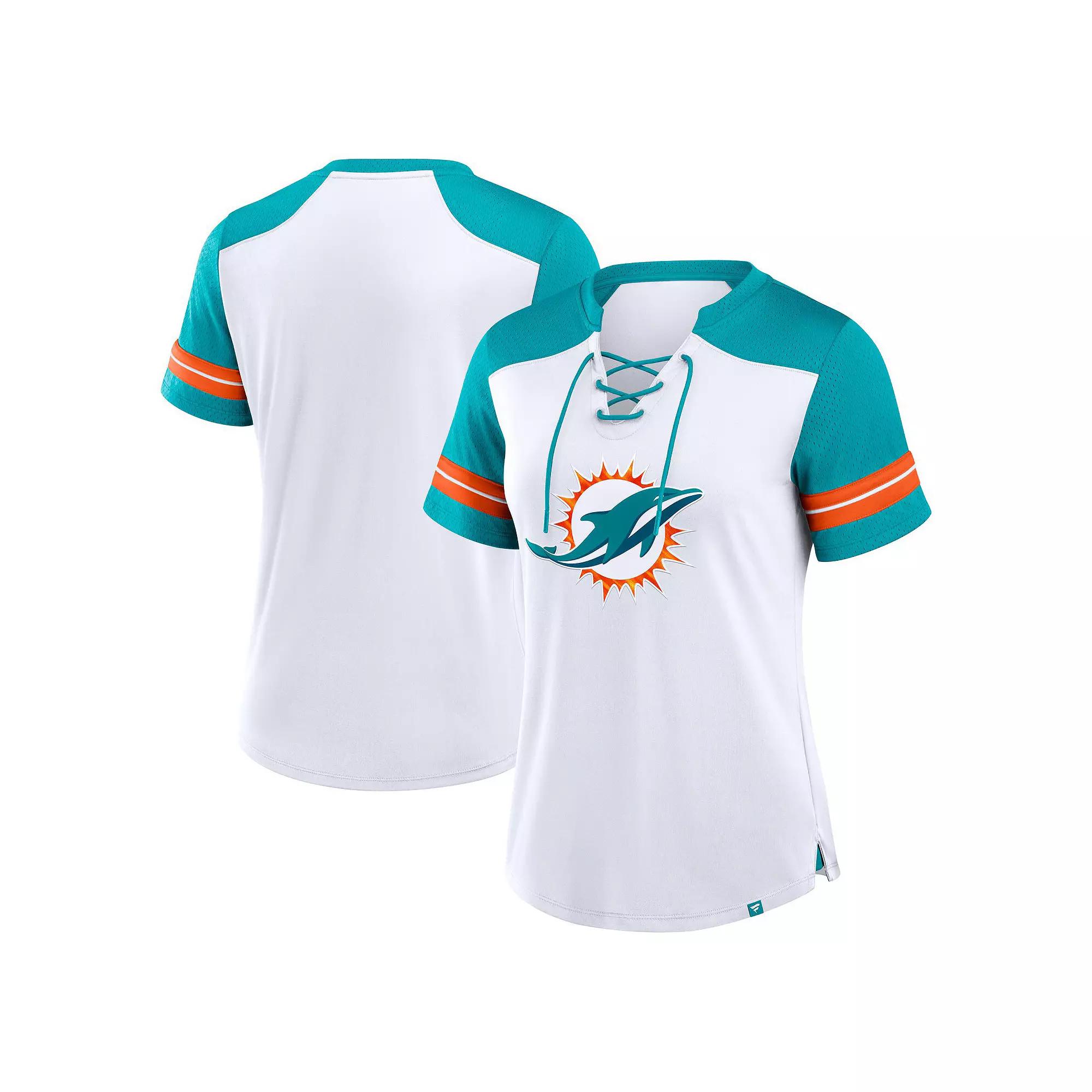 Women's Fanatics White/Aqua Miami Dolphins Foiled Primary Lace-Up T-Shirt,  Product Image