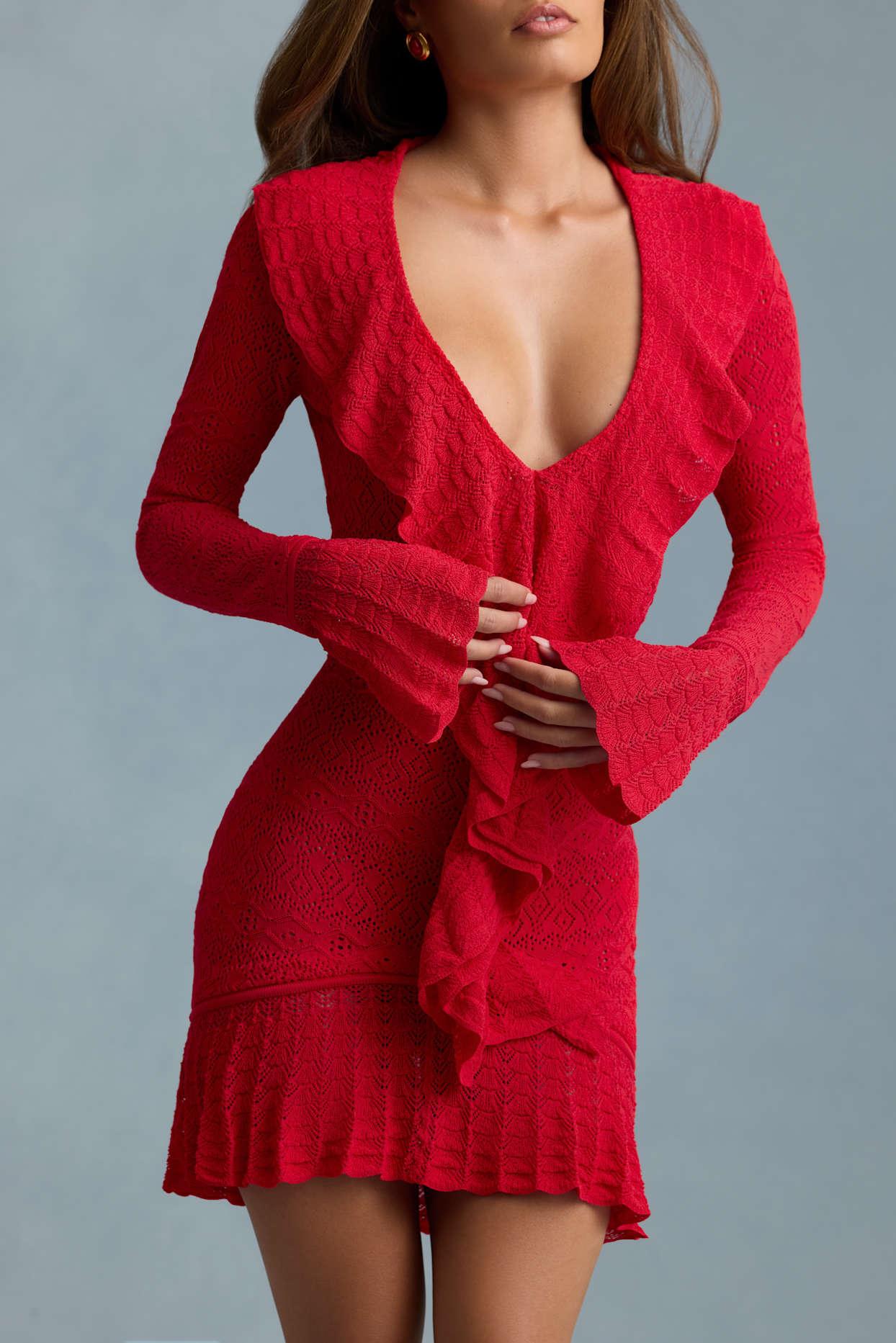 Ruffle-Trim Pointelle-Knit Mini Dress in Scarlet Red Product Image