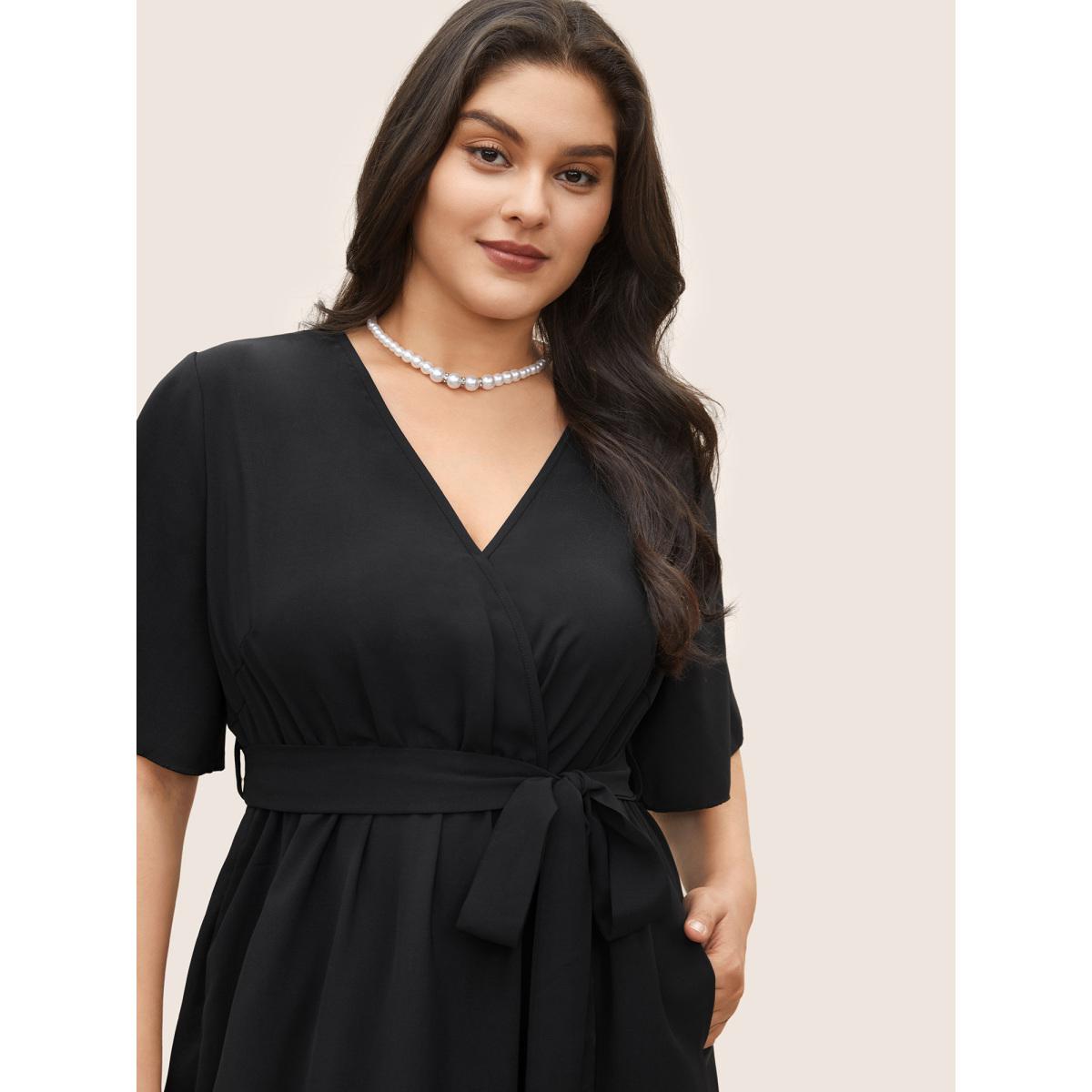 Plus Size Bloom Dress - Solid Tie Surplice Ruffle High Low Dress Black Women Elegant Cross straps V-neck Short sleeve Curvy Midi Dress BloomChic 14/1X Product Image