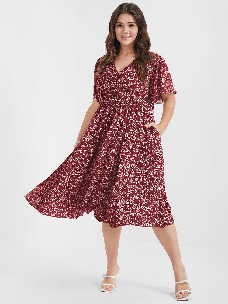 Bloom Dress - Ditsy Floral Elastic Waist Ruffles Pocket Knee Dress Female Product Image
