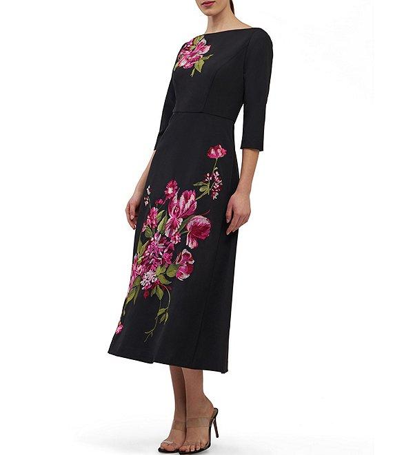 Kay Unger Greta Embroidered Floral Boat Neck Midi Flare Dress Product Image