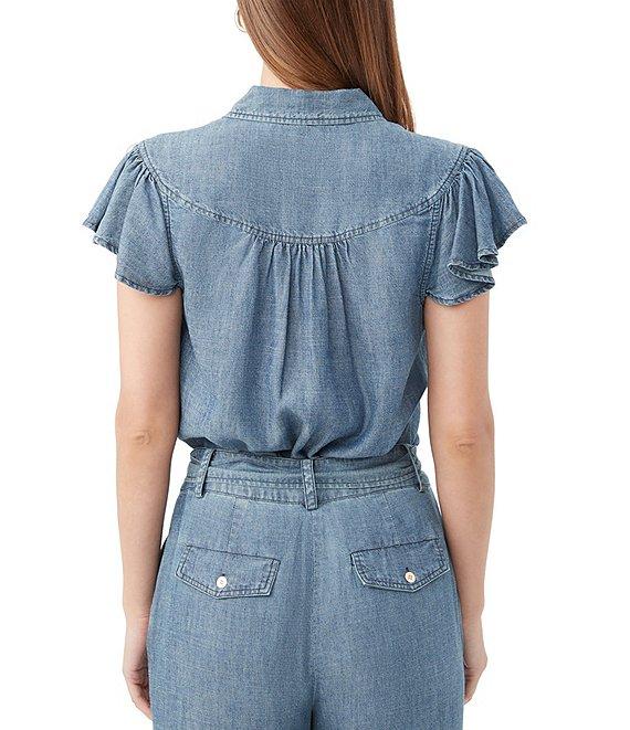 Trina Turk Bali Hai Chambray Point Collar Short Flutter Sleeve Button Front Top Product Image