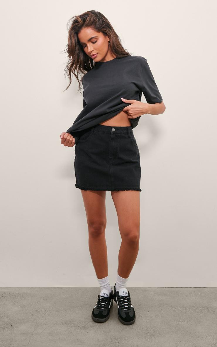 Washed Black Raw Hem Denim Mini Skirt Product Image