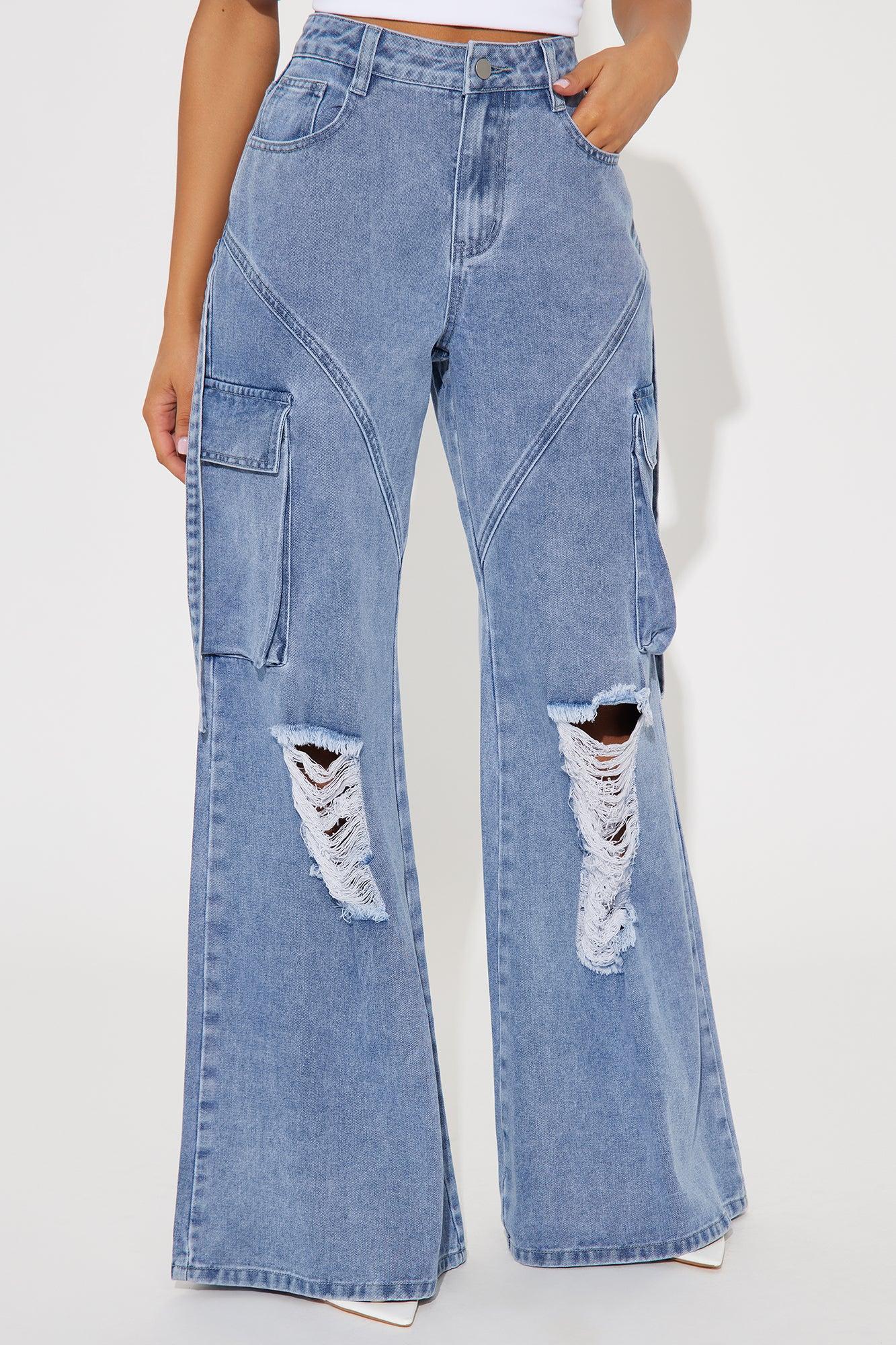 Kick Back Non Stretch Distressed Wide Leg Jeans - Medium Wash Product Image