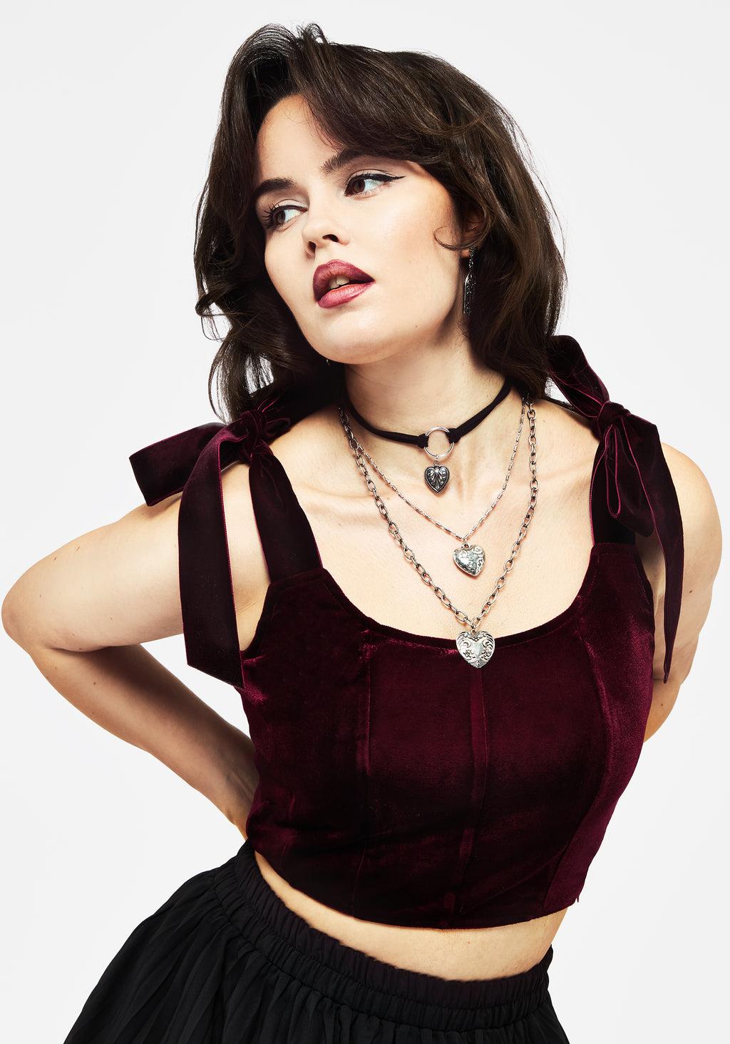 Lisette Velour Tie Strap Corset Top - Red Product Image