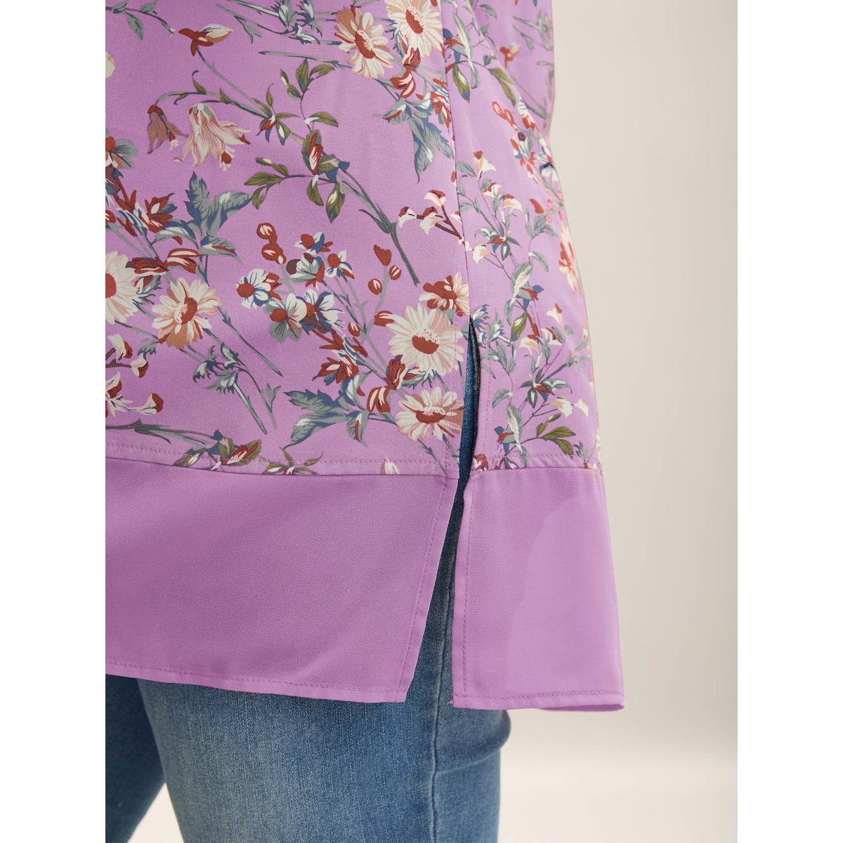 Plus Size Lilac Garden Print Spliced V-Neck Blouse Women Elegant Short sleeve V-neck Everyday Blouses BloomChic 18-20/2X Product Image