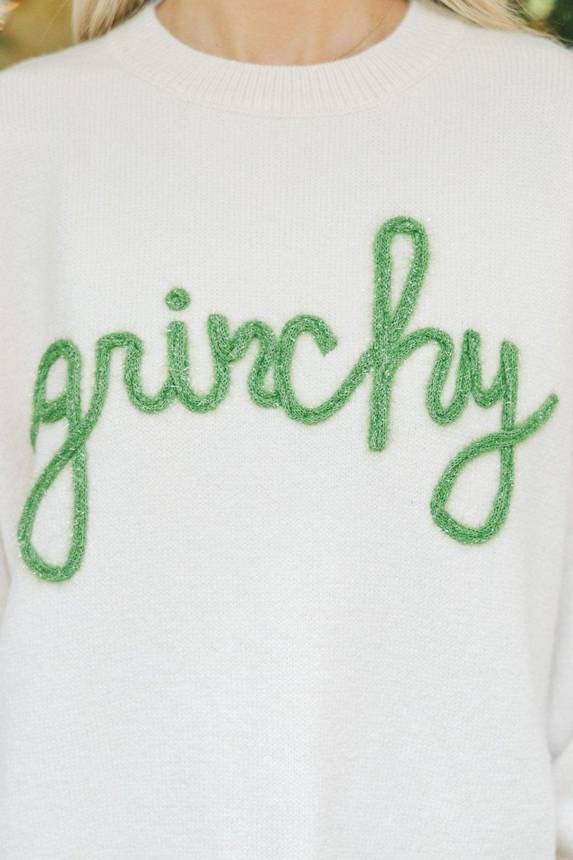 Feeling Grinchy Cream White Script Sweater Female Product Image