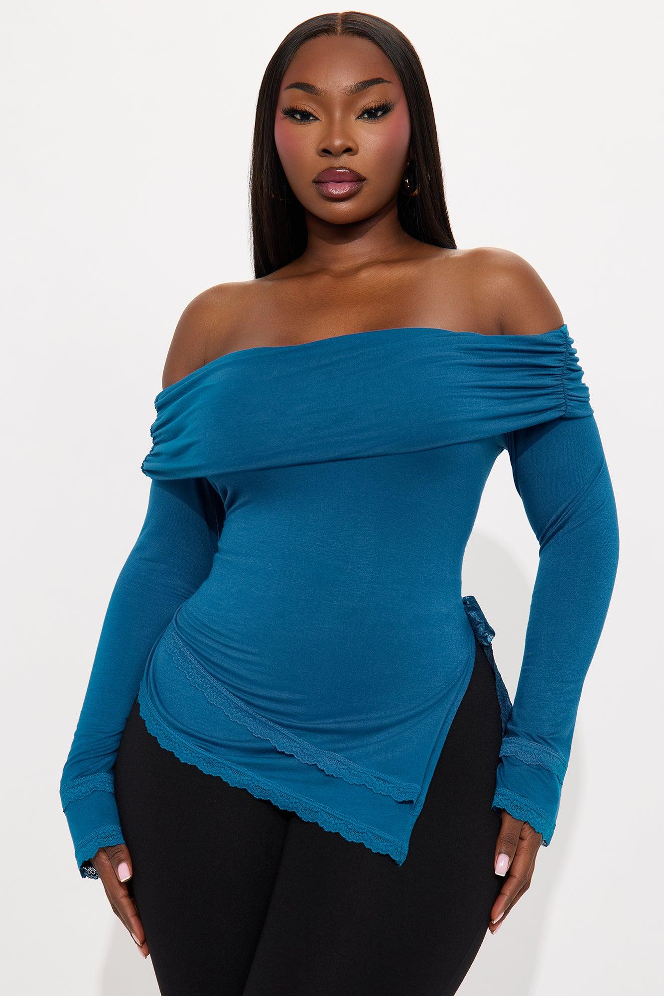 Minnie Asymmetrical Off Shoulder Top - Teal Female Product Image