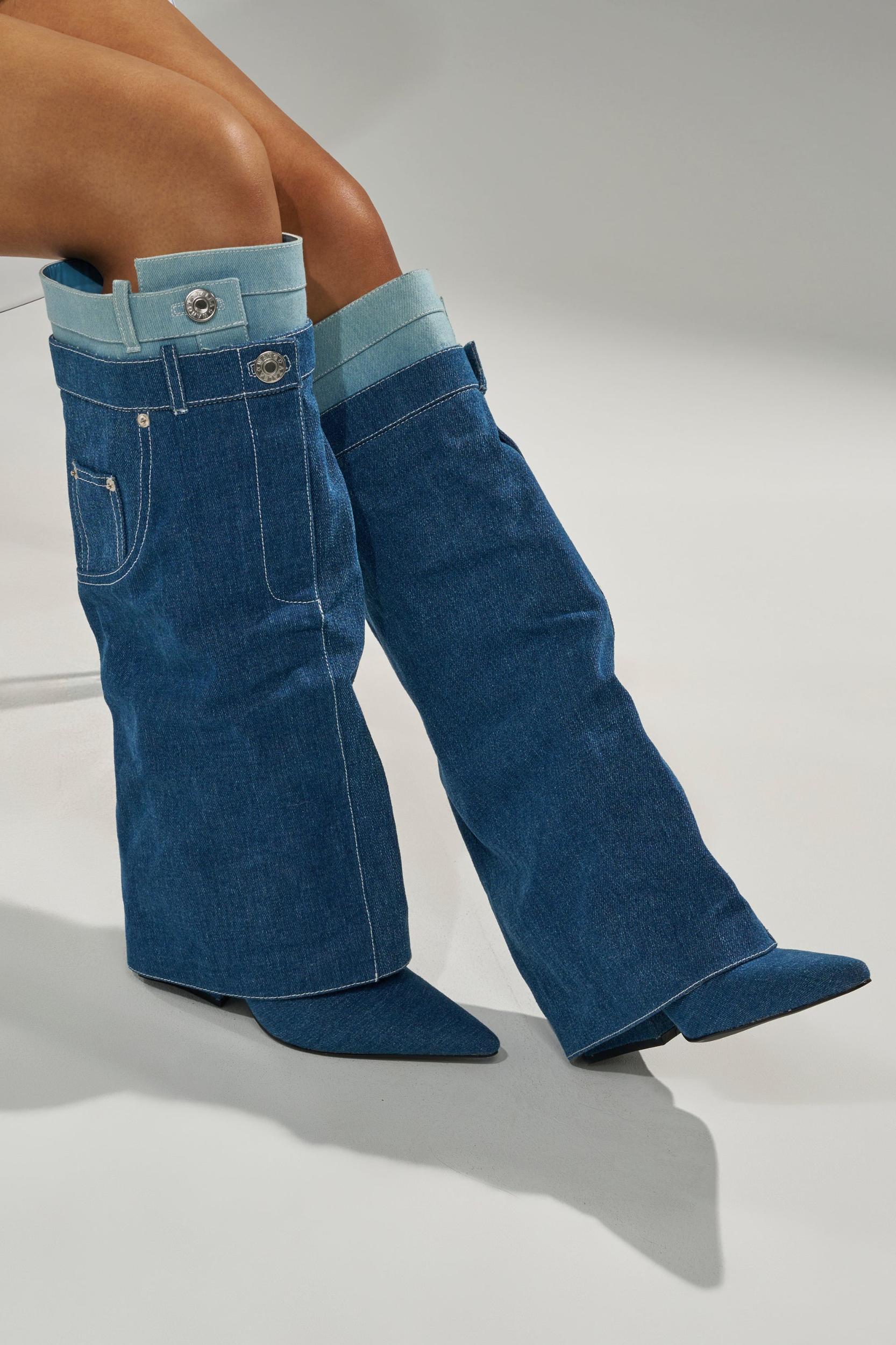 AZALEA WANG DOUBLE FLY DENIM CHUNKY BOOT Product Image