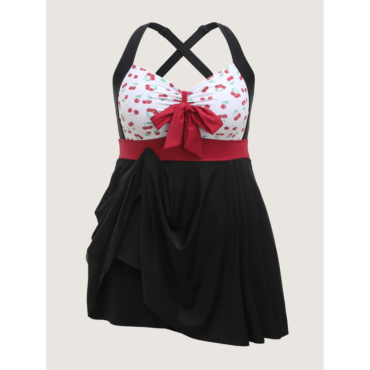 Plus Size Cherry Knotted Bodice Color Block Swim Dress Women's Swimwear Black Beach Bodycon Heart neckline High stretch Curve Swim Dresses BloomChic 10/M Product Image