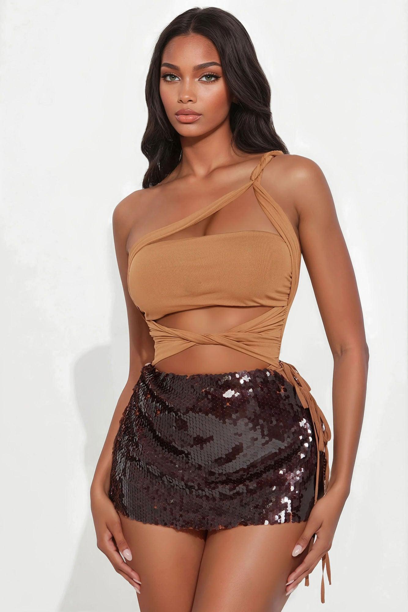 Upbeat One Shoulder Twist Bodysuit - Mocha Female Product Image