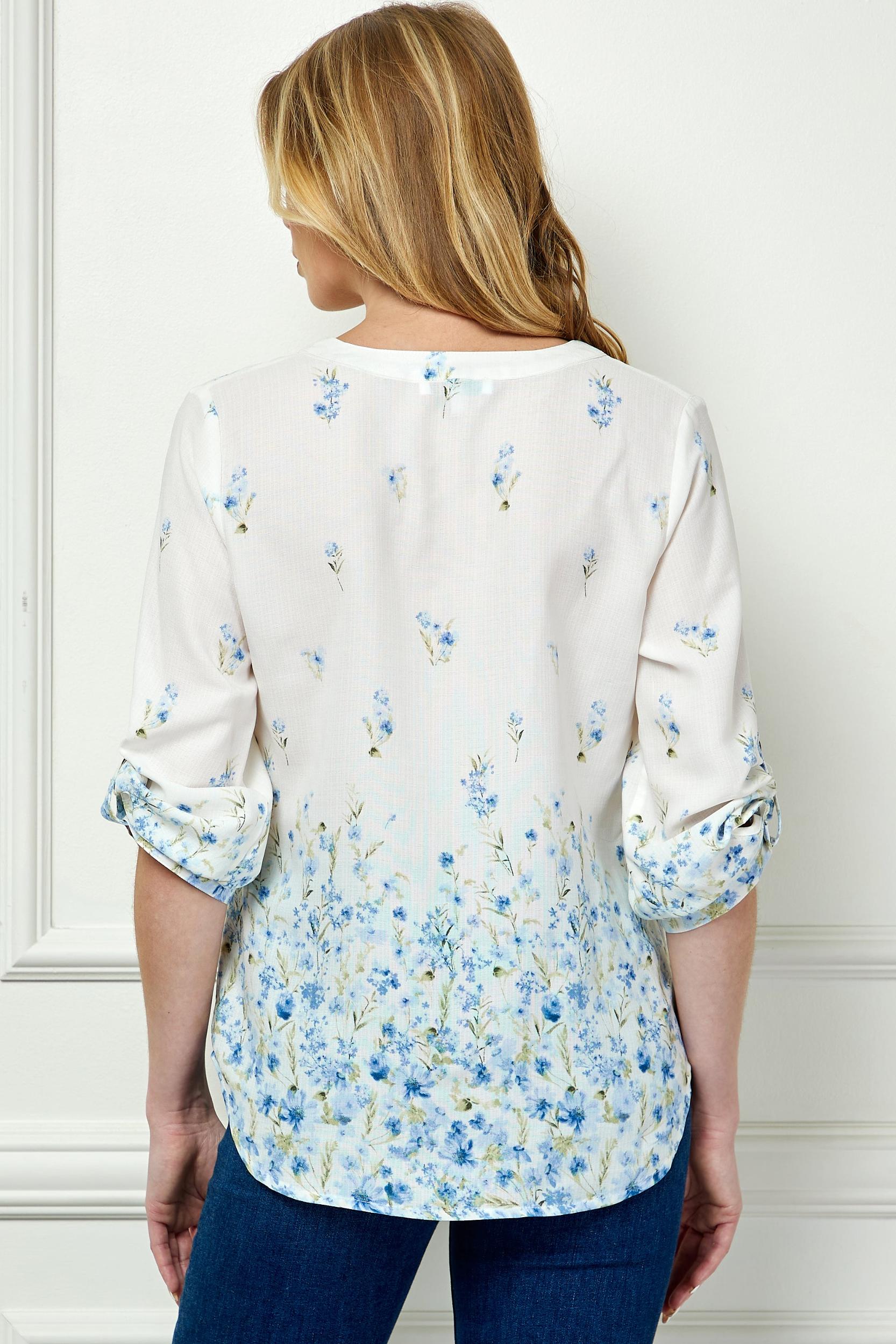Blue Floral 3/4 Button Tab Sleeve Big Button V-Neck Border Print Blouse Product Image
