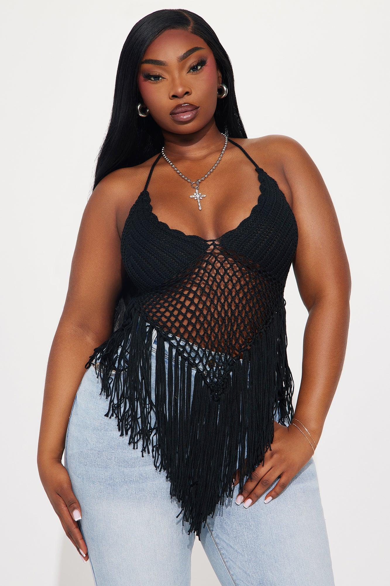 Feelin' The Heat Crochet Halter Top - Black Product Image
