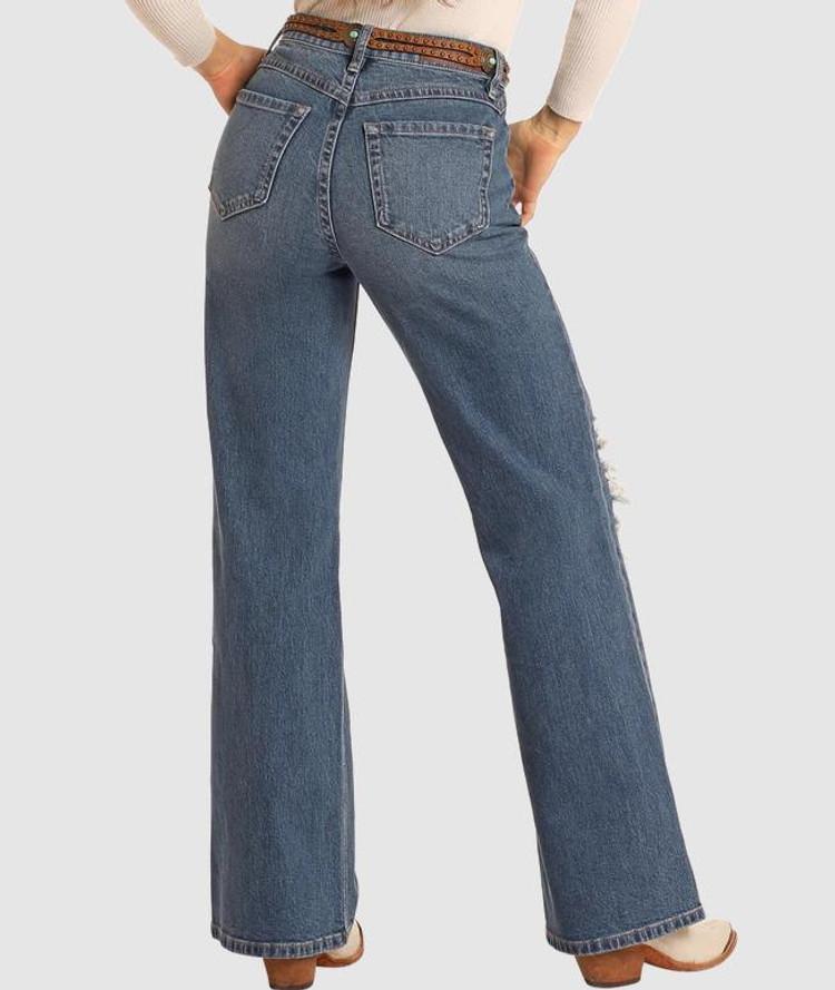 SALE Rock & Roll Denim® Ladies' Med Wash HR Distressed Relaxed Flare Jeans Product Image