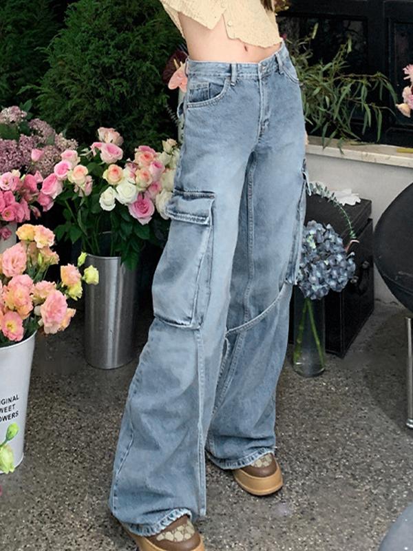 Light Wash Low Rise Big Pocket Cargo Jeans Product Image