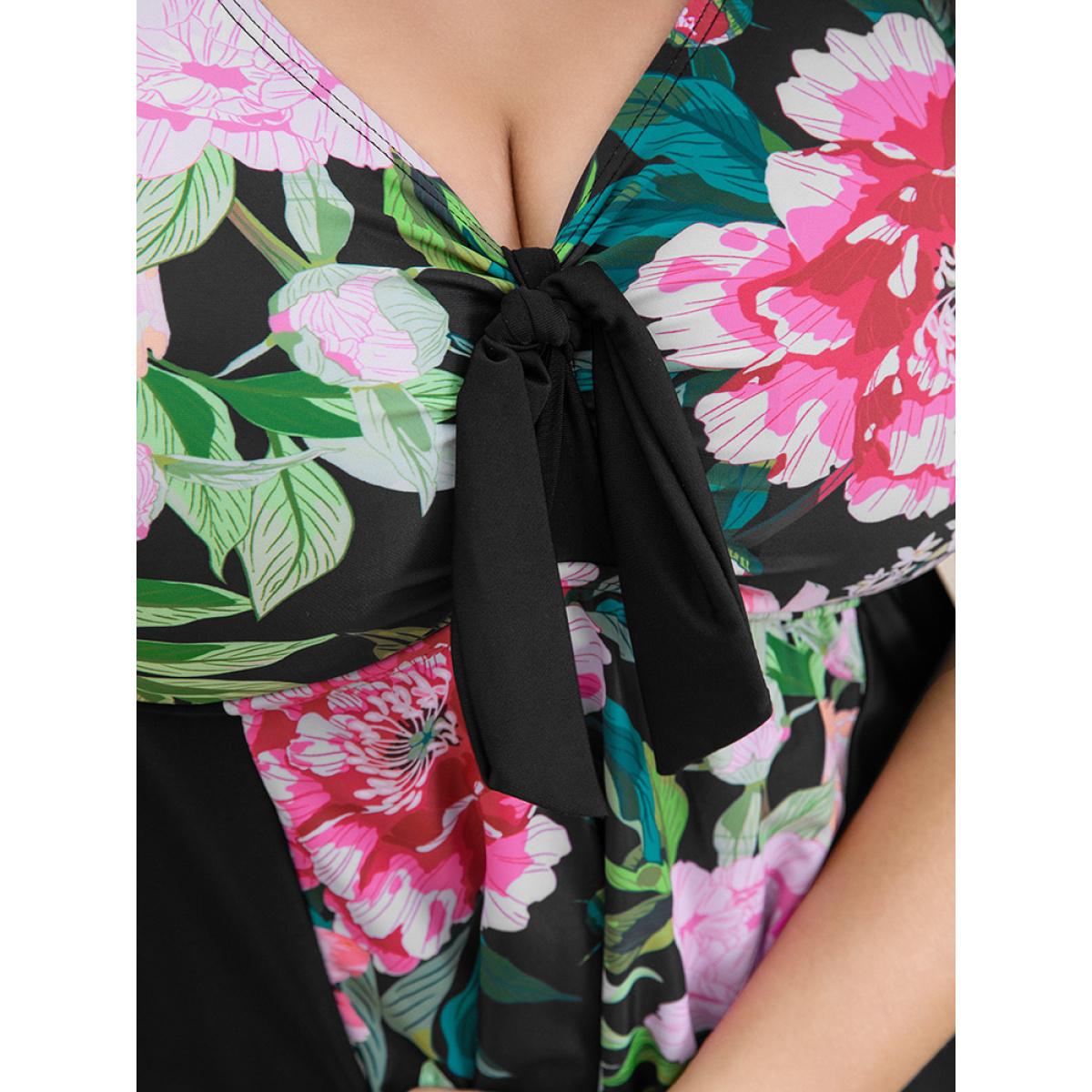 Plus Size Floral Patchwork Ruffle Knotted Swim Dress Women's Swimwear BlackFlower Vacation Bodycon V-neck High stretch Curve Swim Dresses BloomChic 30/6X Product Image